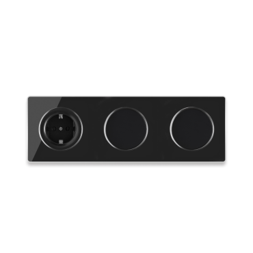 Schuko-Steckdose + 2x Lichtschalter einfach + Glas-Abdeckrahmen 3fach waagerecht - schwarz