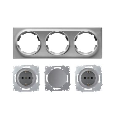 2x Schuko-Steckdose und Lichtschalter mit Abdeckrahmen 3fach, unterputz, waagerecht, grau