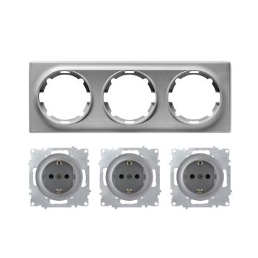 3x Schuko-Steckdose mit Abdeckrahmen 3fach, unterputz, waagerecht, grau