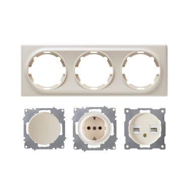Schuko-Steckdose, Lichtschalter, Daten-Anschlussdose 2-fach mit Abdeckrahmen 3fach, waagerecht, beige