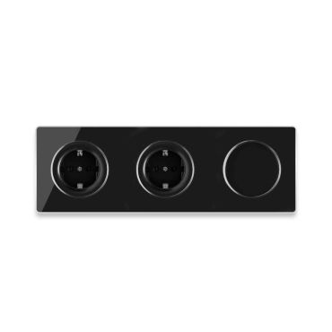 2х Schuko-Steckdose + Lichtschalter einfach + Glas-Abdeckrahmen 3fach waagerecht - schwarz