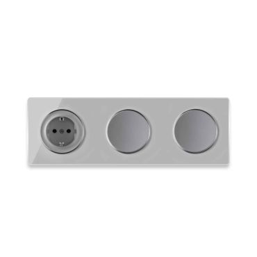 Schuko-Steckdose + 2x Lichtschalter einfach + Glas-Abdeckrahmen 3fach waagerecht - grau