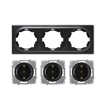 3x Schuko-Steckdose mit Abdeckrahmen 3fach, unterputz, waagerecht, schwarz
