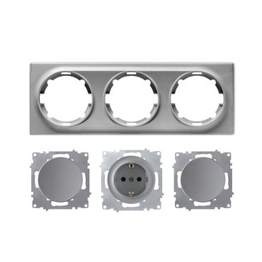 Schuko-Steckdose und 2x Lichtschalter mit Abdeckrahmen 3fach, unterputz, waagerecht, grau