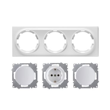 Schuko-Steckdose und 2x Lichtschalter mit Abdeckrahmen 3fach, unterputz, waagerecht, weiß