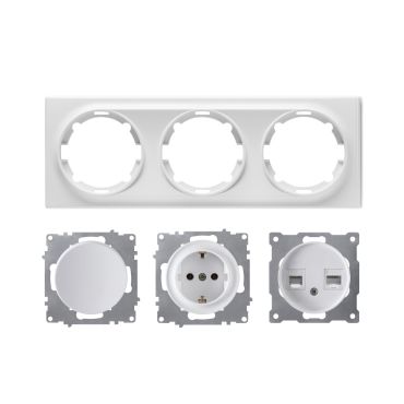 Schuko-Steckdose, Lichtschalter, Daten-Anschlussdose 2-fach mit Abdeckrahmen 3fach, waagerecht, weiß