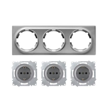 3x Schuko-Steckdose mit Abdeckrahmen 3fach, unterputz, waagerecht, grau
