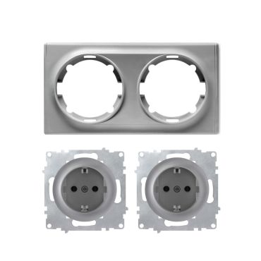 2x Schuko-Steckdose mit Abdeckrahmen 2fach, unterputz, waagerecht, grau