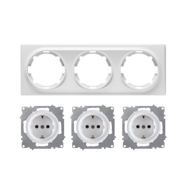 3x Schuko-Steckdose mit Abdeckrahmen 3fach, unterputz, waagerecht, weiß