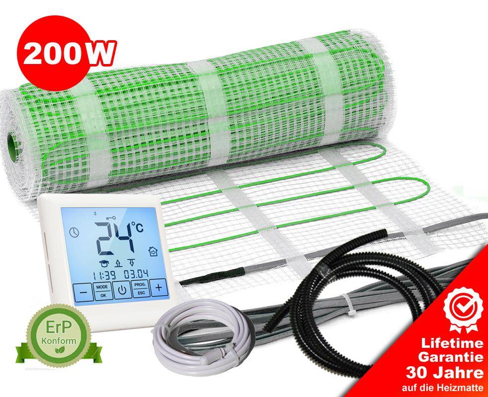 4m² Elektrische Fußbodenheizung 200W/m² | FM Solar Heizmatte | Mit Touch Thermostat Schwarz