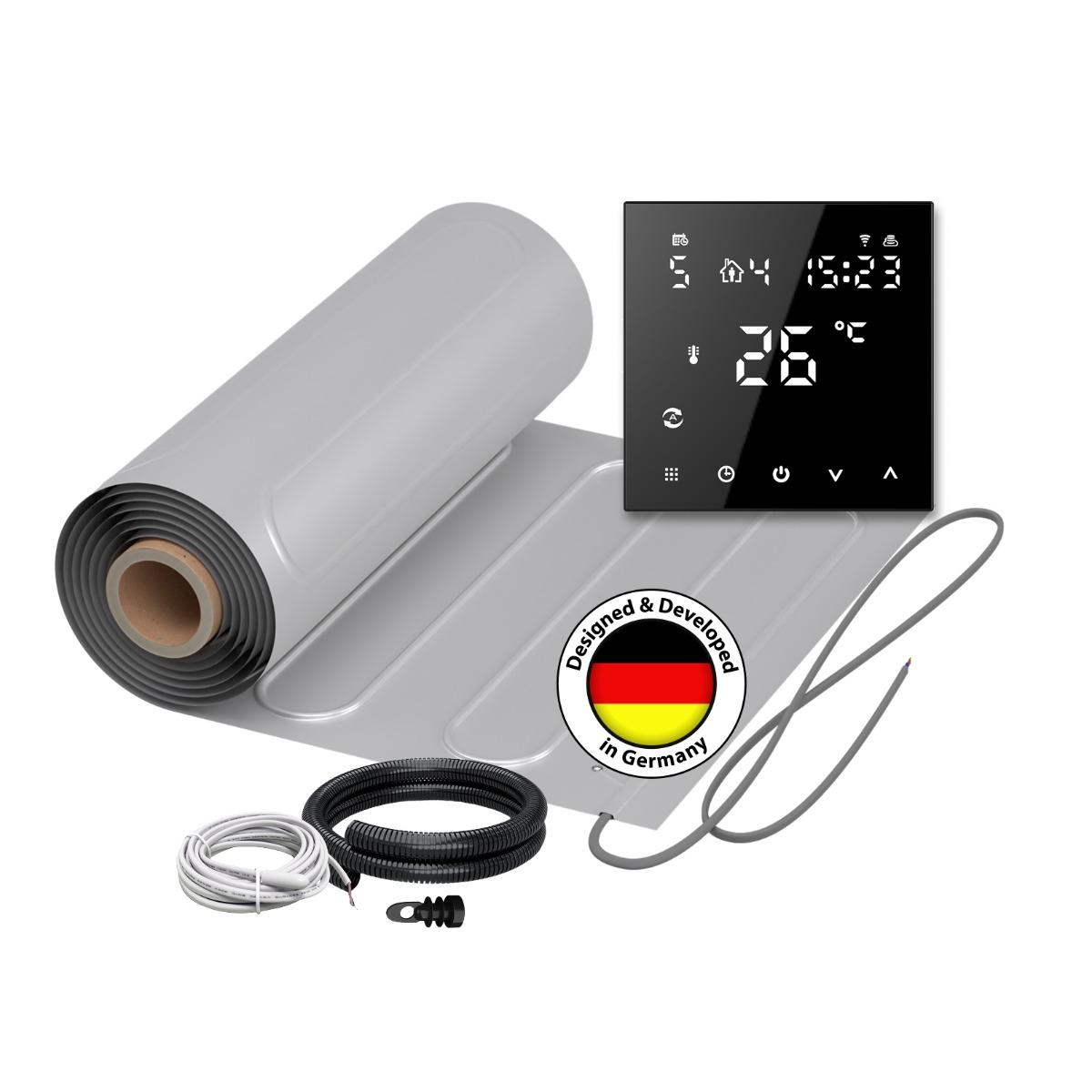 Elektrische Fußbodenheizung für Laminat: 2x Heizmatten WARMON ALU 150 W/m² (7+5 m²) inkl. TS 300 Smart WiFi Thermostat schwarz - 12 m²