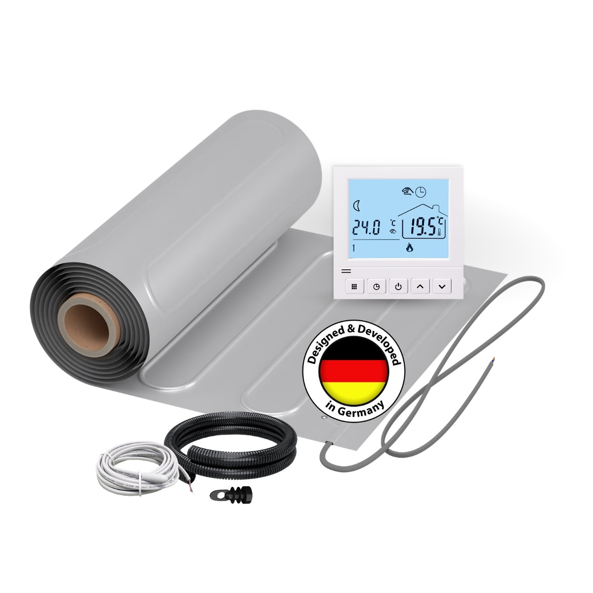 Elektrische Fußbodenheizung für Laminat: Heizmatte WARMON ALU 150 W/m² inkl. TS 50 Thermostat digital weiß - 7 m²