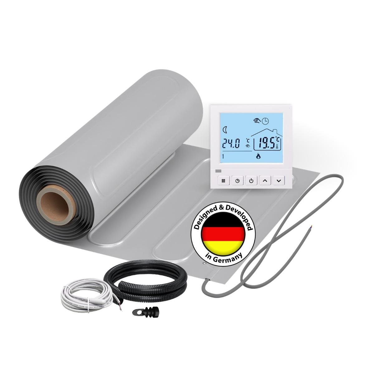 Elektrische Fußbodenheizung für Laminat: Heizmatte WARMON ALU 150 W/m² inkl. TS 50 Thermostat digital weiß - 15 m²